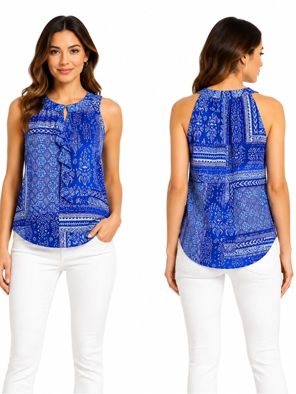 Blue Patterned Sleeveless Ruffle Front Top